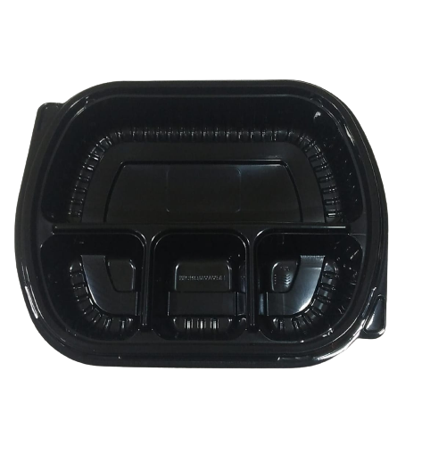 Black plastic container, 4 compartments, microwaveable	